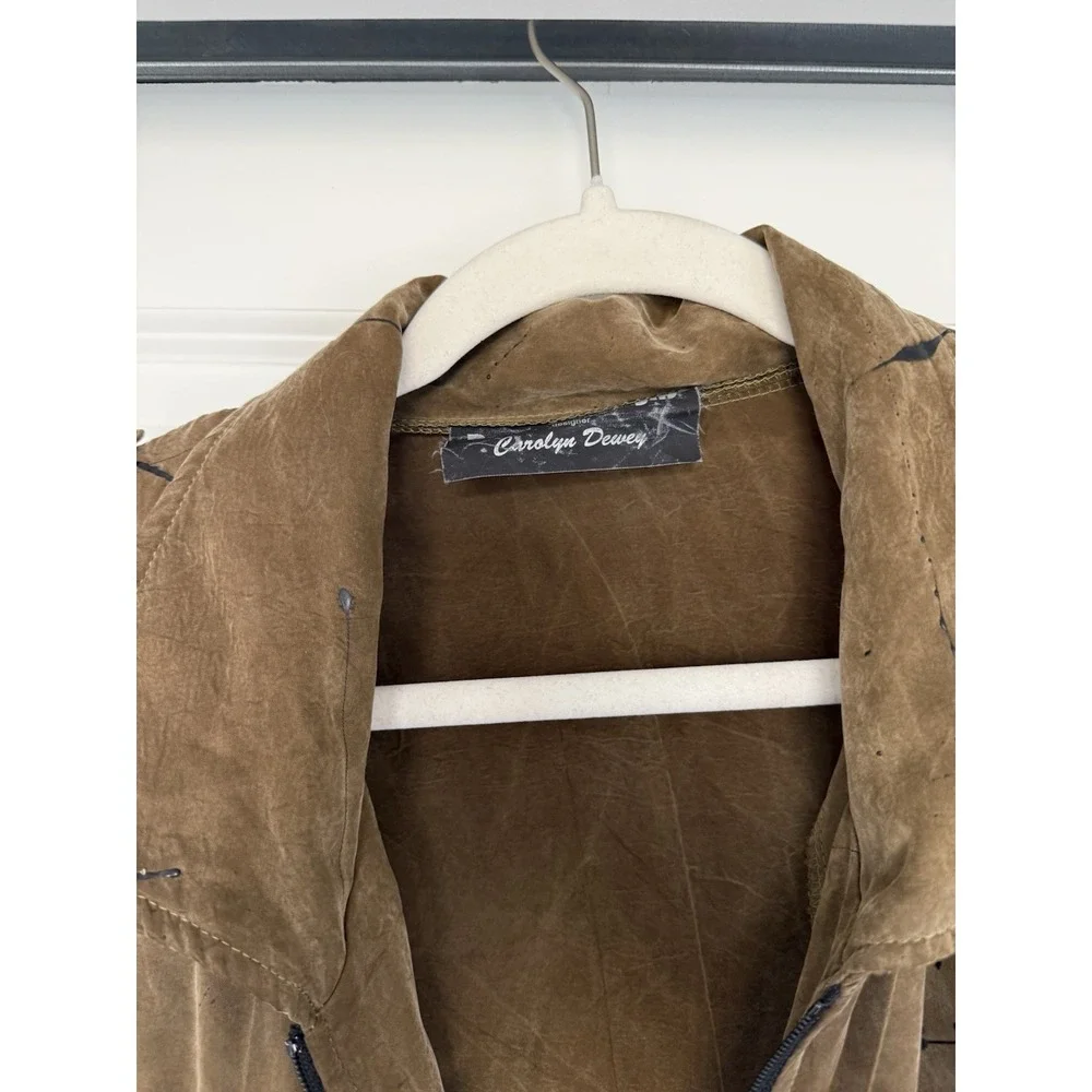 DEWEY DESIGN Vintage Art Print Rayon Light Jacket 1980s Art To Wear SZ L‎ Khaki